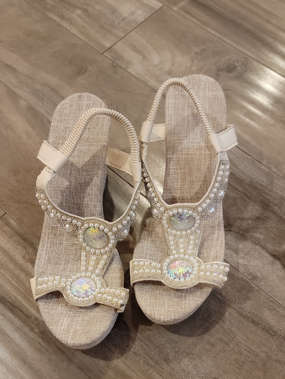 ❄️3/$30 Embellished Beige Pearl Wedge Sandals
